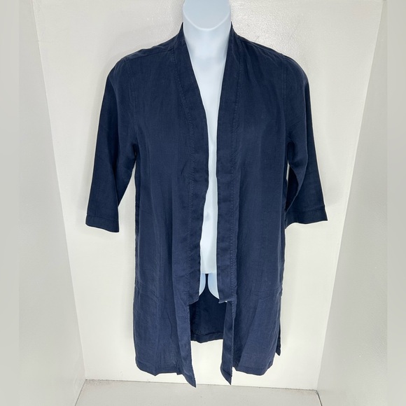 J. Jill Pure Jill Medium Tall Linen Duster Cardigan Navy Garment Dyed Oversized - Picture 2 of 13